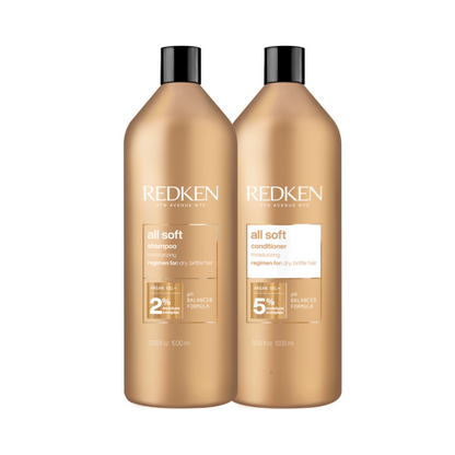 Redken All Soft Shampoo and Conditioner Liter Duo 33.8 oz hydrating set for dry hair softness and shine