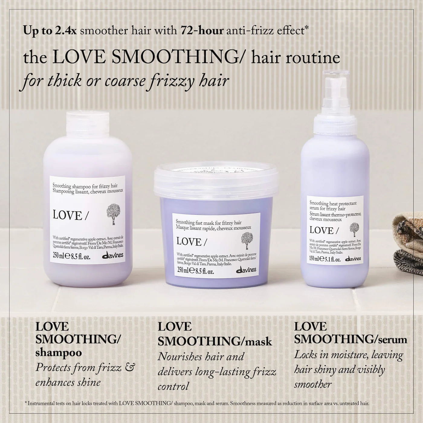 Davines LOVE Smoothing shampoo,  Instant Mask and serum for frizzy and unruly hair